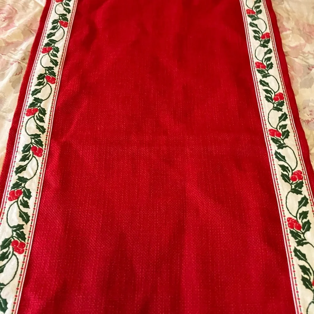 Vintage handmade holiday table runner 52” long holly and burlap
